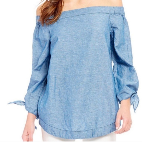 Free People Off Shoulder Jean Blouse 52%cotton 48%linen Size S - Picture 5 of 10